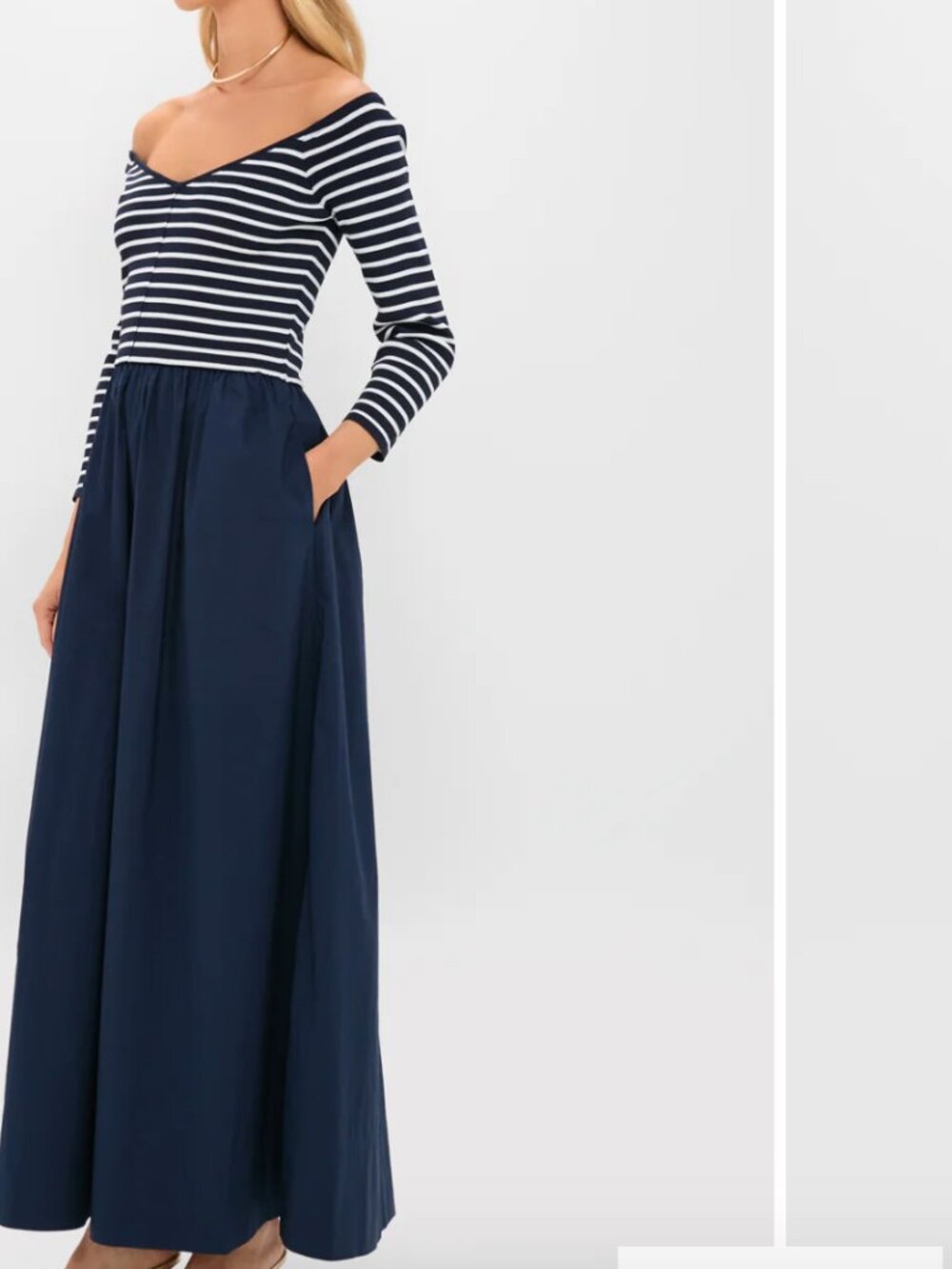 Tuckernuck XXL Blue and White off shoulder maxi dress has pockets